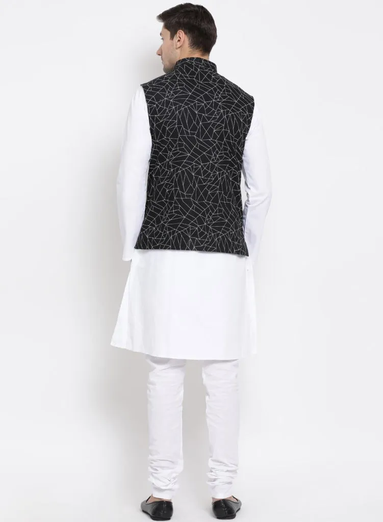 VASTRAMAY Men's White Cotton Blend Kurta, Nehru Jacket and Pyjama Set