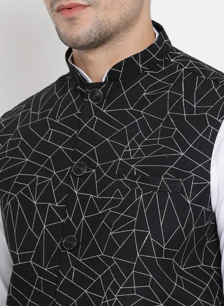 VASTRAMAY Men's White Cotton Blend Kurta, Nehru Jacket and Pyjama Set
