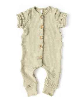 waffle long rolled sleeve romper CO - flax
