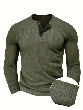 WarmTui - Heren Wafelgebreide Lange Mouw Henley Shirt met Contrasterende Sluiting