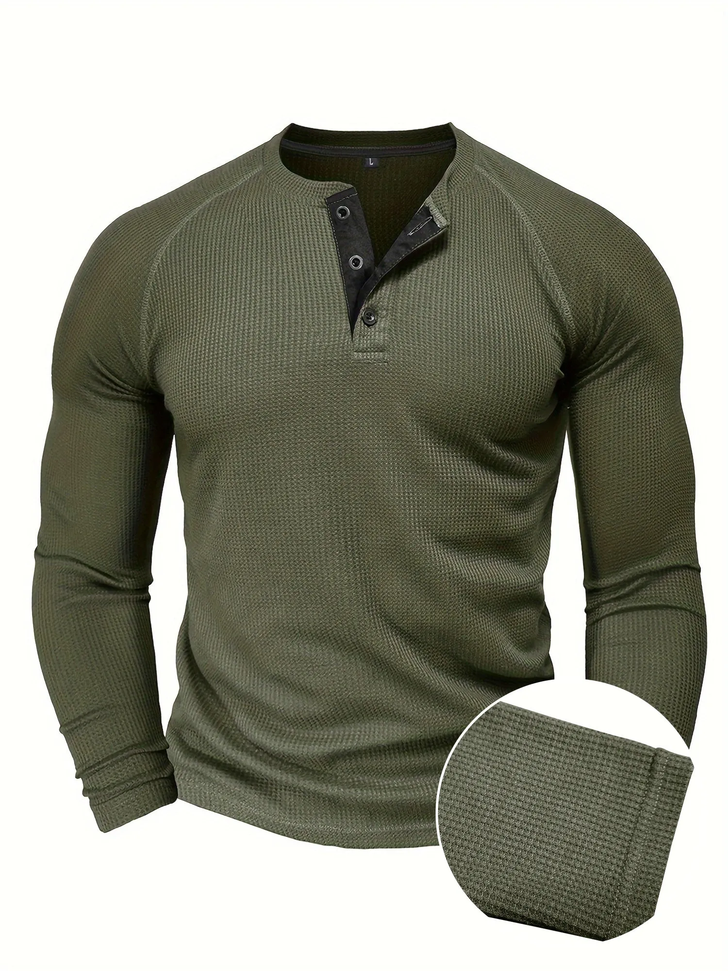 WarmTui - Heren Wafelgebreide Lange Mouw Henley Shirt met Contrasterende Sluiting