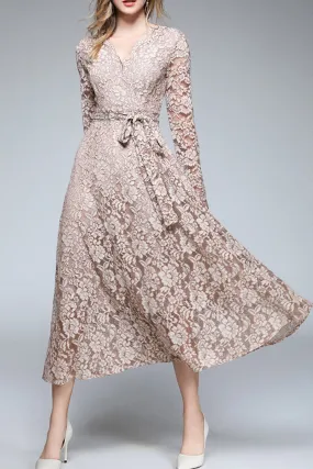 Women Floral Lace V-Neck Fashion Gown Dress - C13644JPD