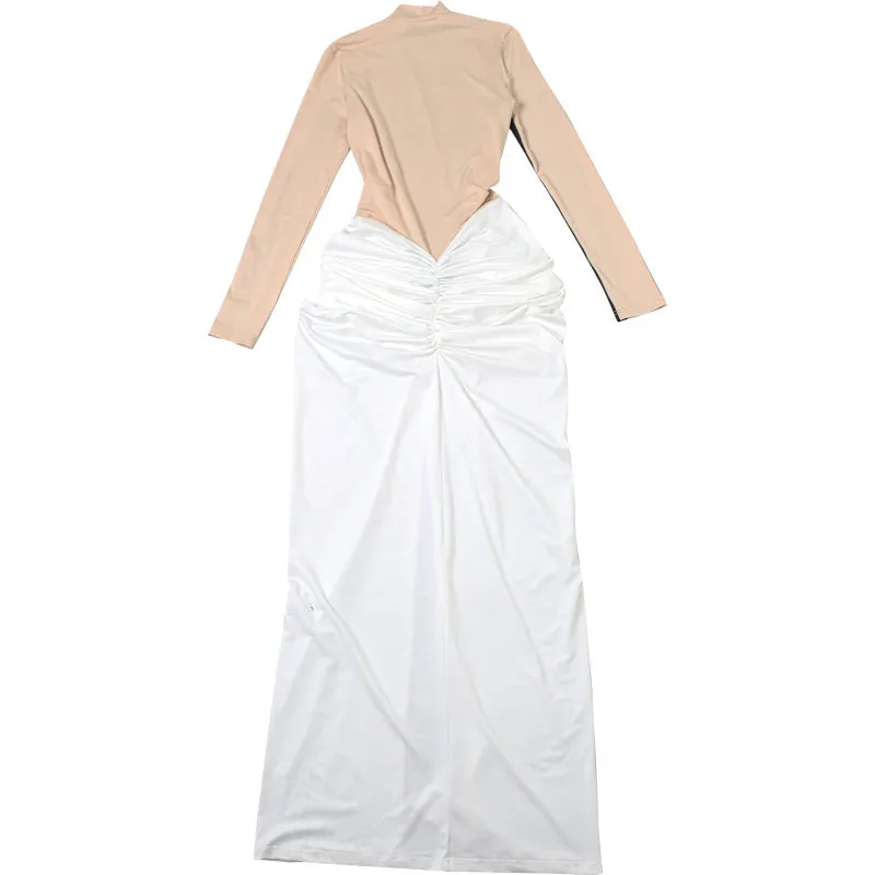 Women High Collar Long Sleeves Contrast Color Pleated Formal Dress