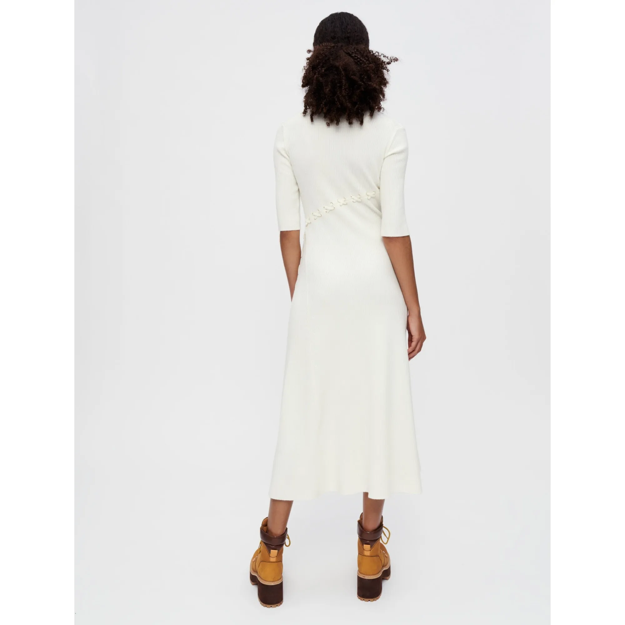 Women Ribbed Knit Dress With Gold Eyelets - Ecru