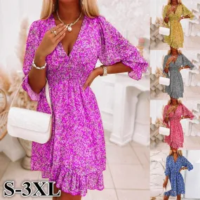 Women Summer Fashion Dress Nipped Waist Pullover Deep V Neck Dress - WD8085