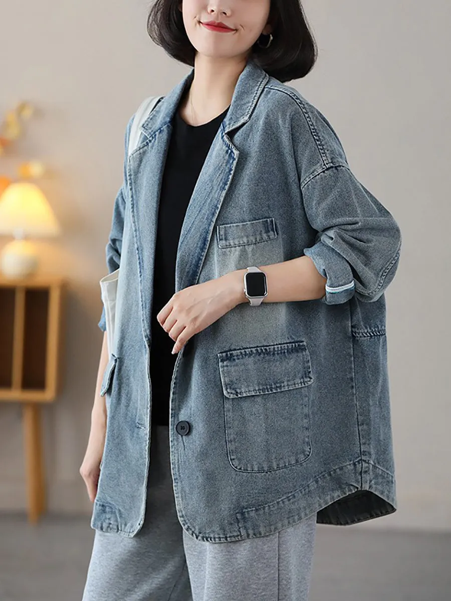 Women Vintage Spring Washed Denim Spliced Coat