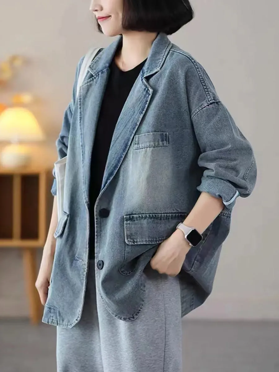 Women Vintage Spring Washed Denim Spliced Coat