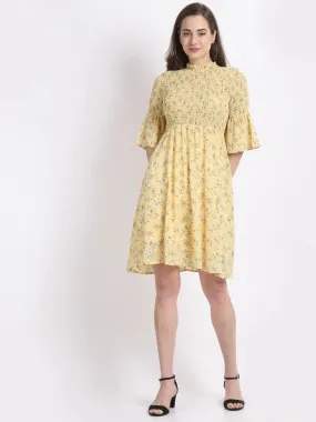 Women Yellow Pearl Embellished Flared Dress
