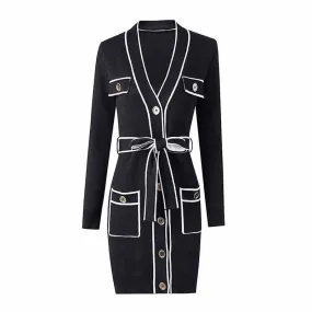 Women's Rib Knit Tie Waist Midi Dress Black Knit Cardigan
